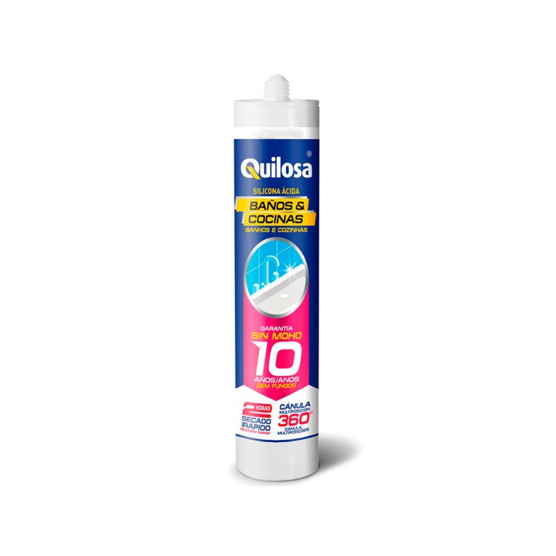 Silicon Baños y Cocinas Blanco con Fungicida Anti-Moho y Boquilla Giratoria 360° 280ml Quilosa
